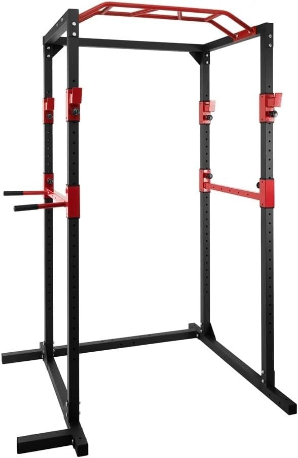 Power Rack Squat Cage Black & Red with Pull Up Bar | Home Gym Training - Kwikley