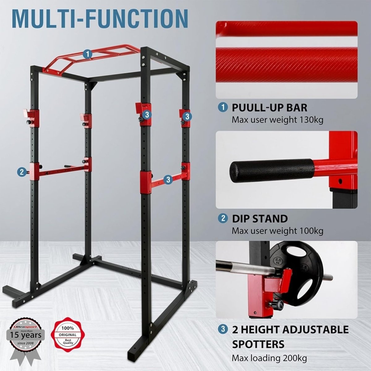 Power Rack Squat Cage Black & Red with Pull Up Bar | Home Gym Training - Kwikley