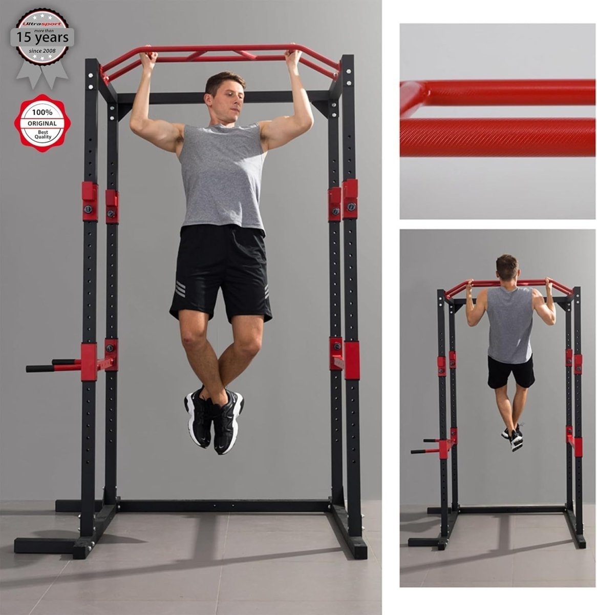 Power Rack Squat Cage Black & Red with Pull Up Bar | Home Gym Training - Kwikley
