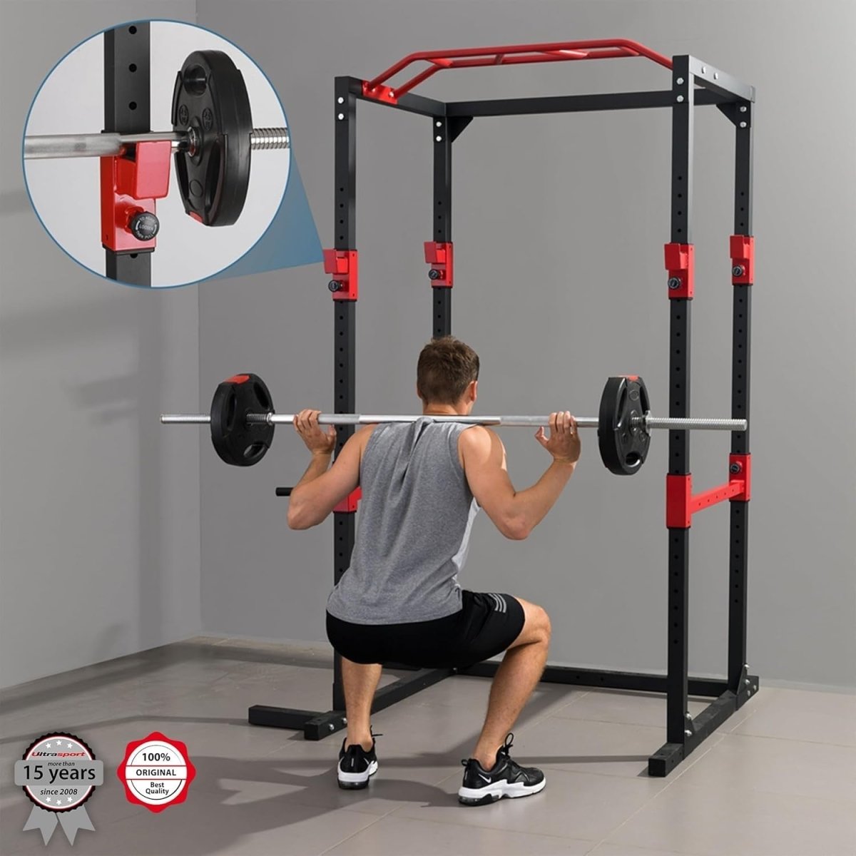 Power Rack Squat Cage Black & Red with Pull Up Bar | Home Gym Training - Kwikley