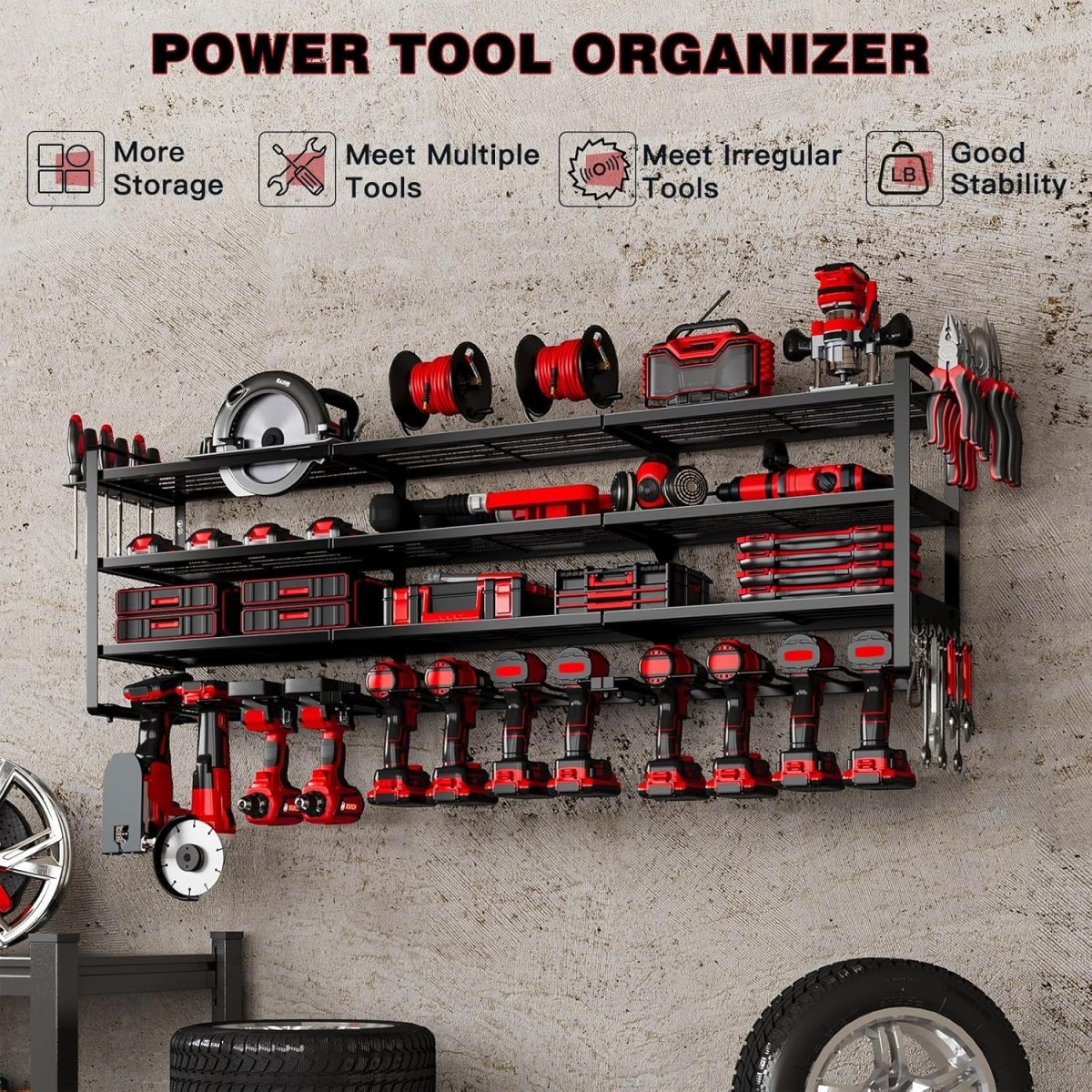 Power Tool Organizer Wall Mount 12 Drill Holder 4 Tier Rack - Kwikley