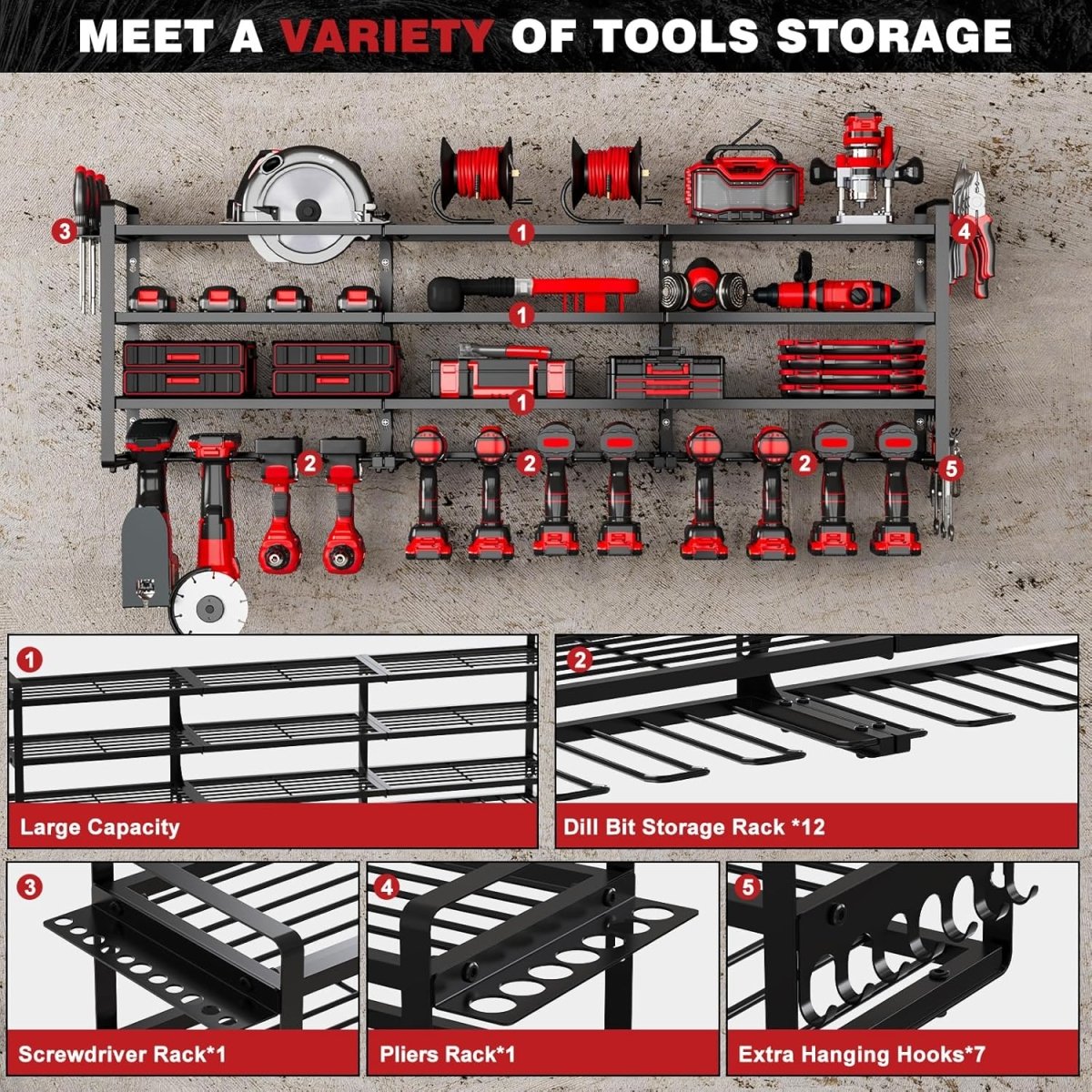 Power Tool Organizer Wall Mount 12 Drill Holder 4 Tier Rack - Kwikley