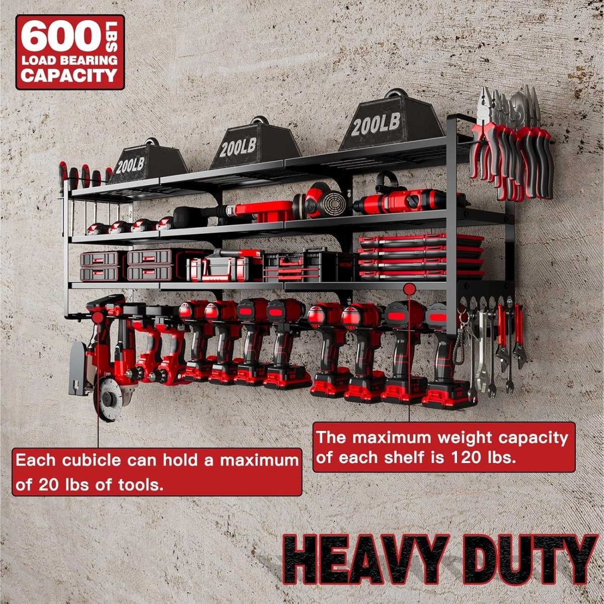Power Tool Organizer Wall Mount 12 Drill Holder 4 Tier Rack - Kwikley