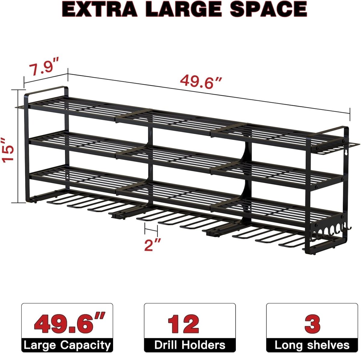 Power Tool Organizer Wall Mount 12 Drill Holder 4 Tier Rack - Kwikley