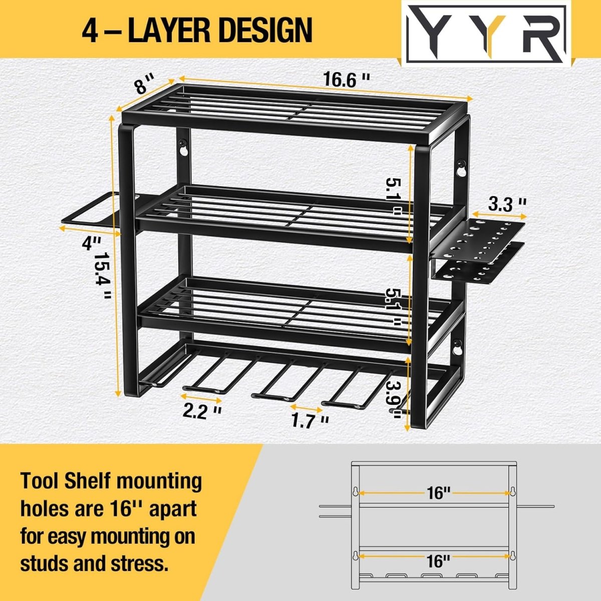 Power Tool Organizer Wall Mount 4 Tier Rack with Charging - Kwikley