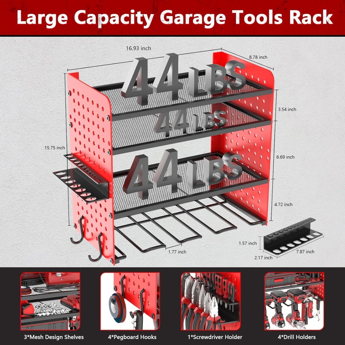 Power Tool Organizer Wall Mount 4 Tier Rack with Drill Holder - Kwikley