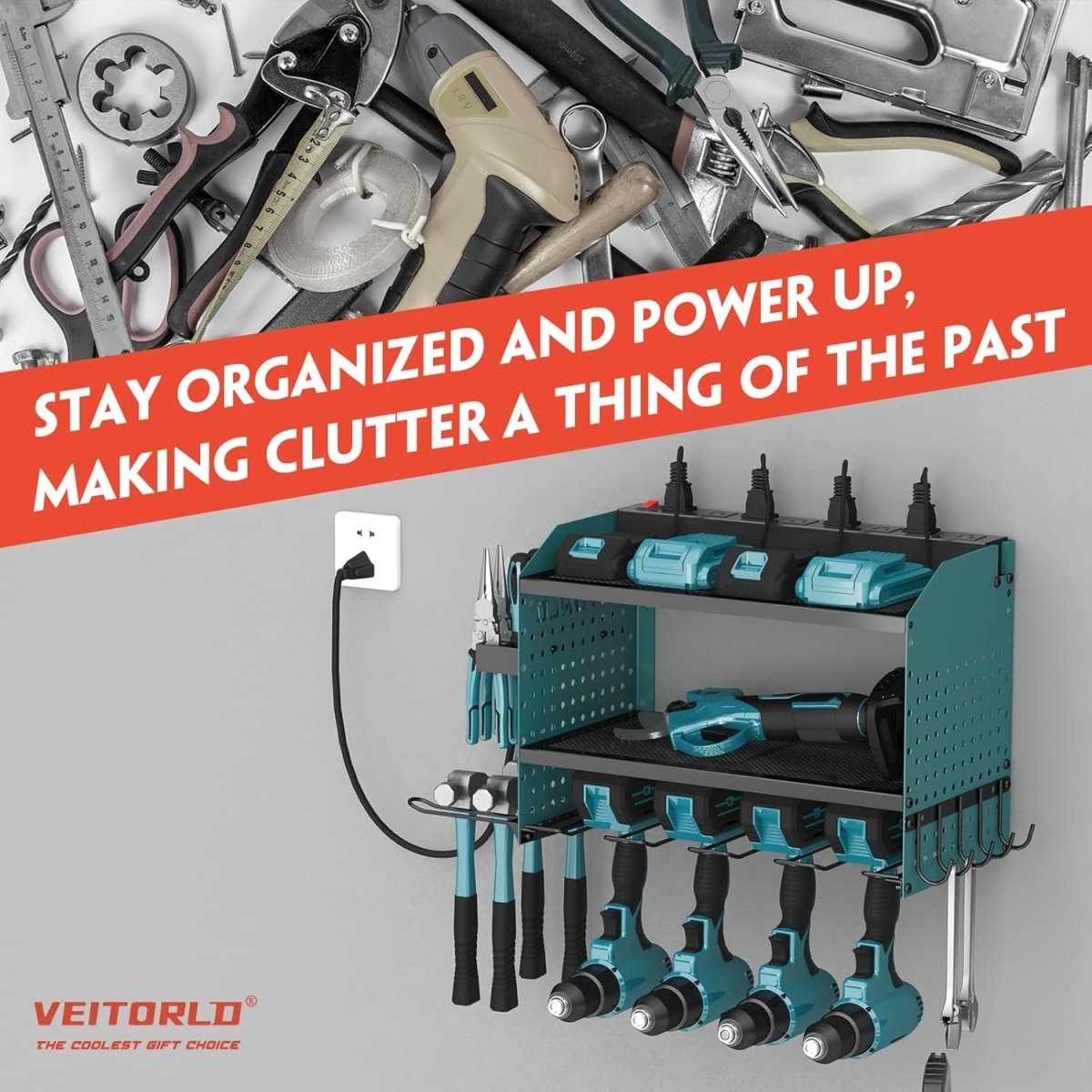 Power Tool Organizer Wall Mount Charging Station 8 Outlet Rack - Kwikley