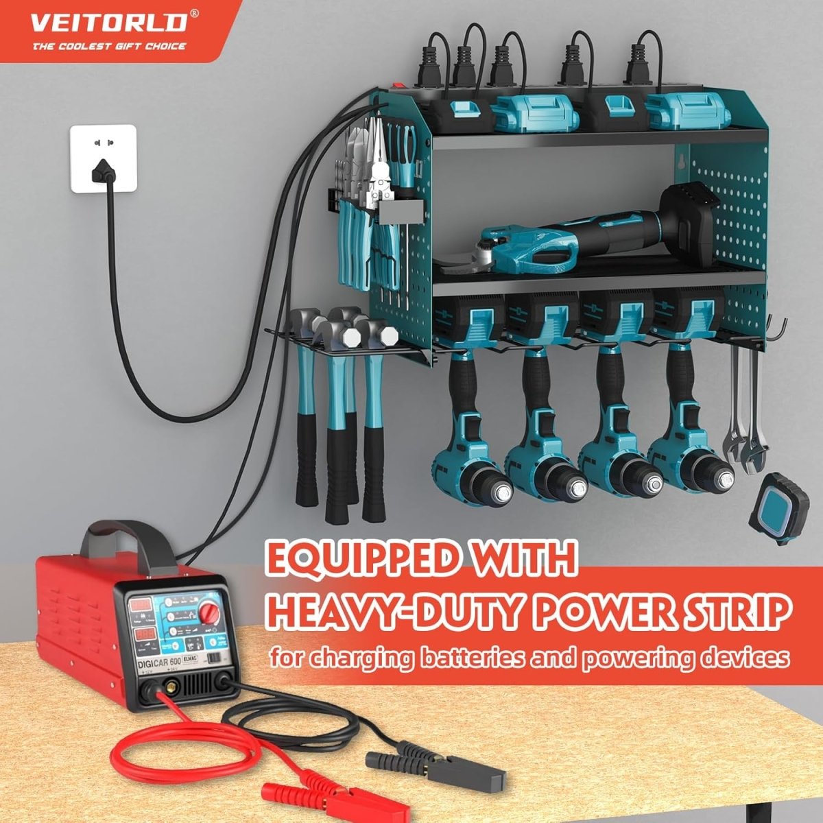 Power Tool Organizer Wall Mount Charging Station 8 Outlet Rack - Kwikley