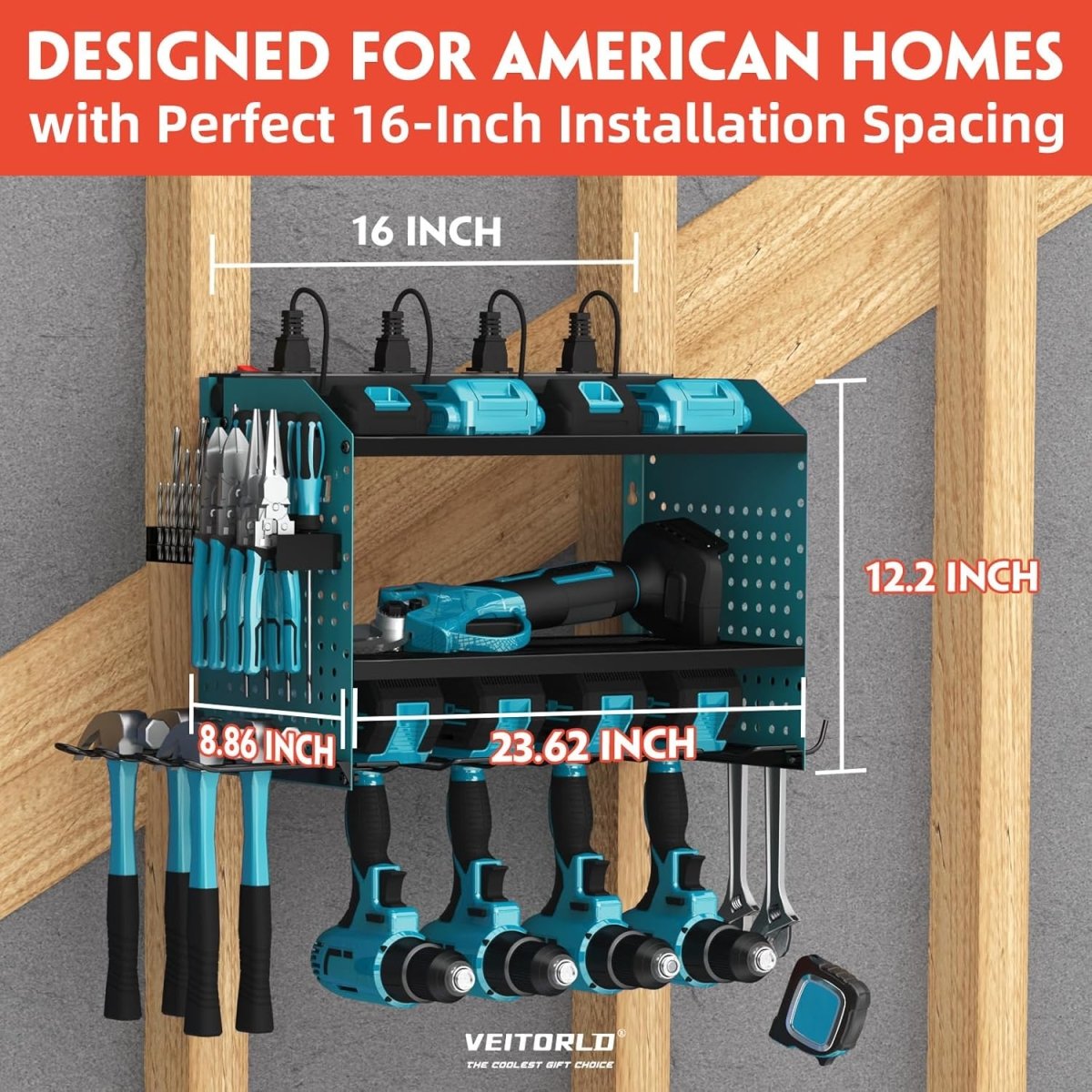 Power Tool Organizer Wall Mount Charging Station 8 Outlet Rack - Kwikley