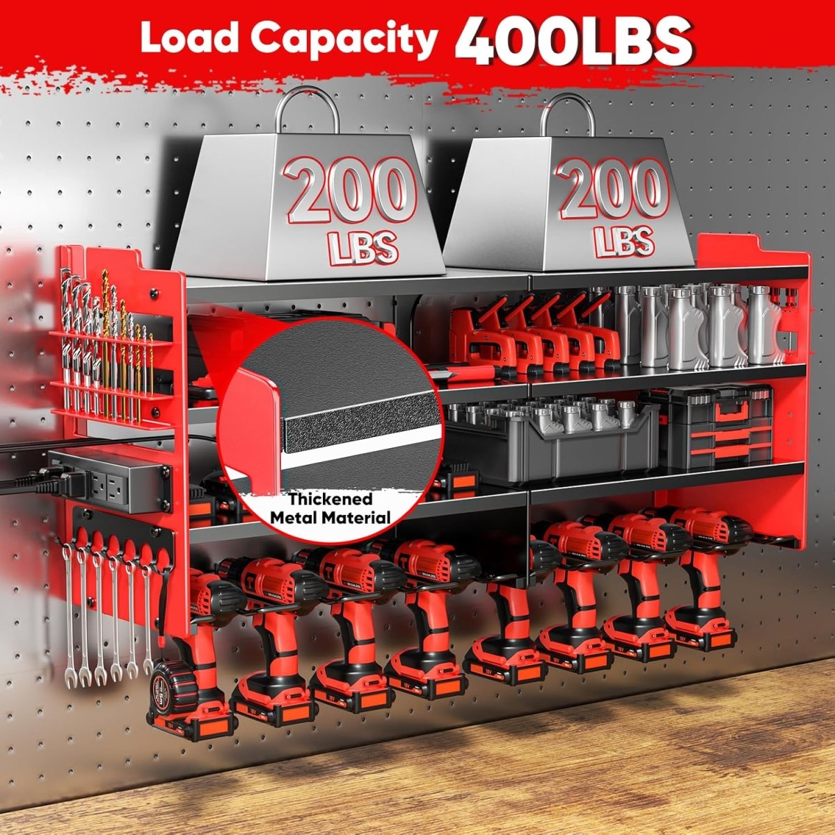 Power Tool Organizer Wall Mount Red 4 Tier Charging Rack - Kwikley