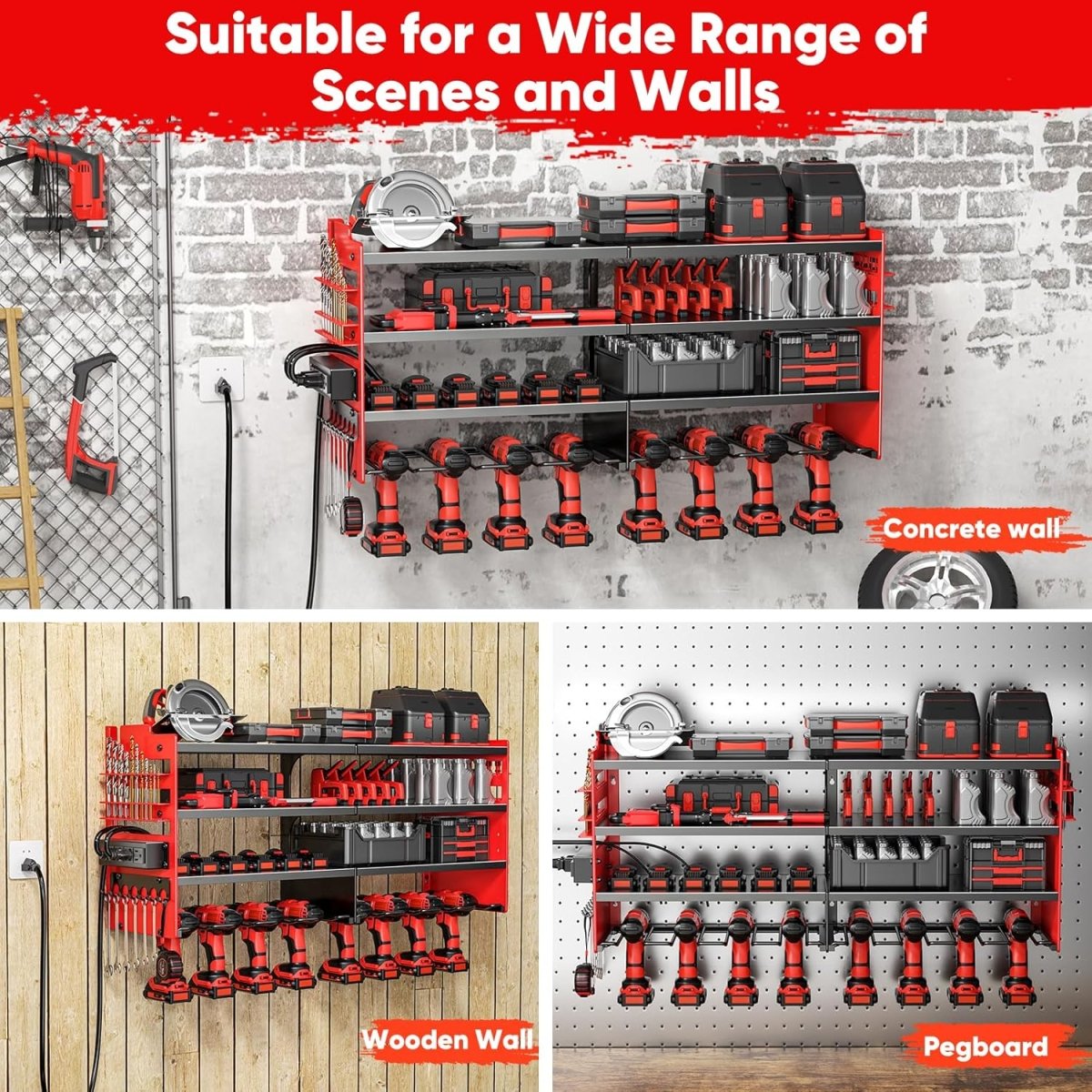 Power Tool Organizer Wall Mount Red 4 Tier Charging Rack - Kwikley
