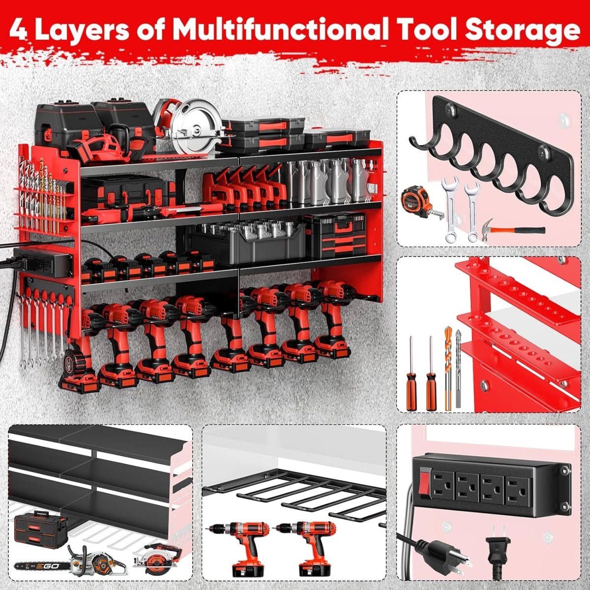 Power Tool Organizer Wall Mount Red 4 Tier Charging Rack - Kwikley