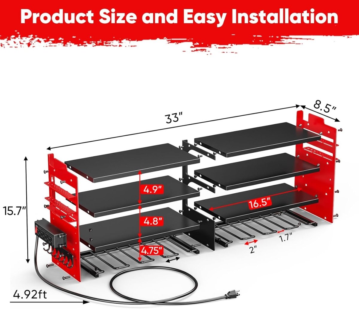 Power Tool Organizer Wall Mount Red 4 Tier Charging Rack - Kwikley