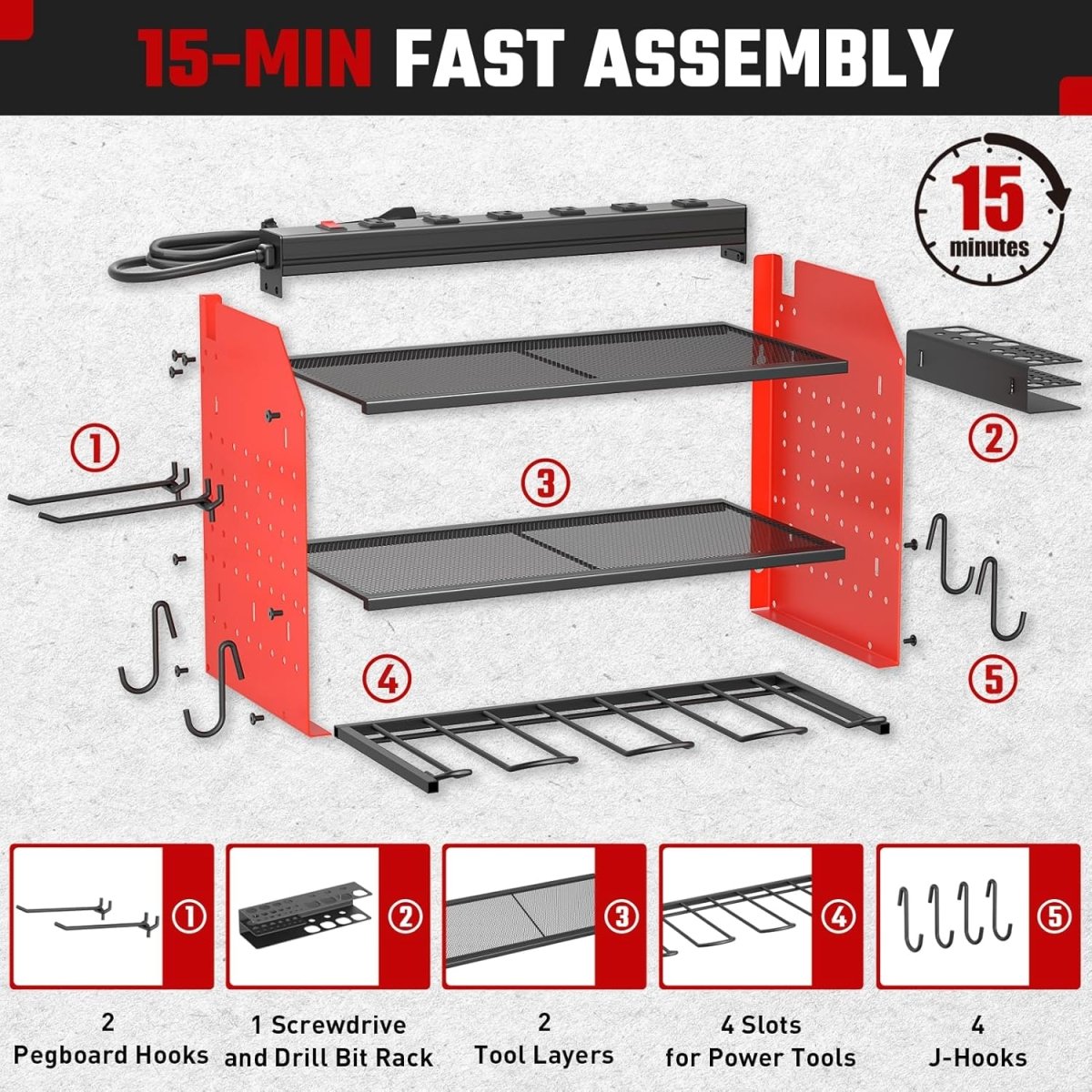 Power Tool Organizer Wall Mount Red Charging Station 3 Tier - Kwikley