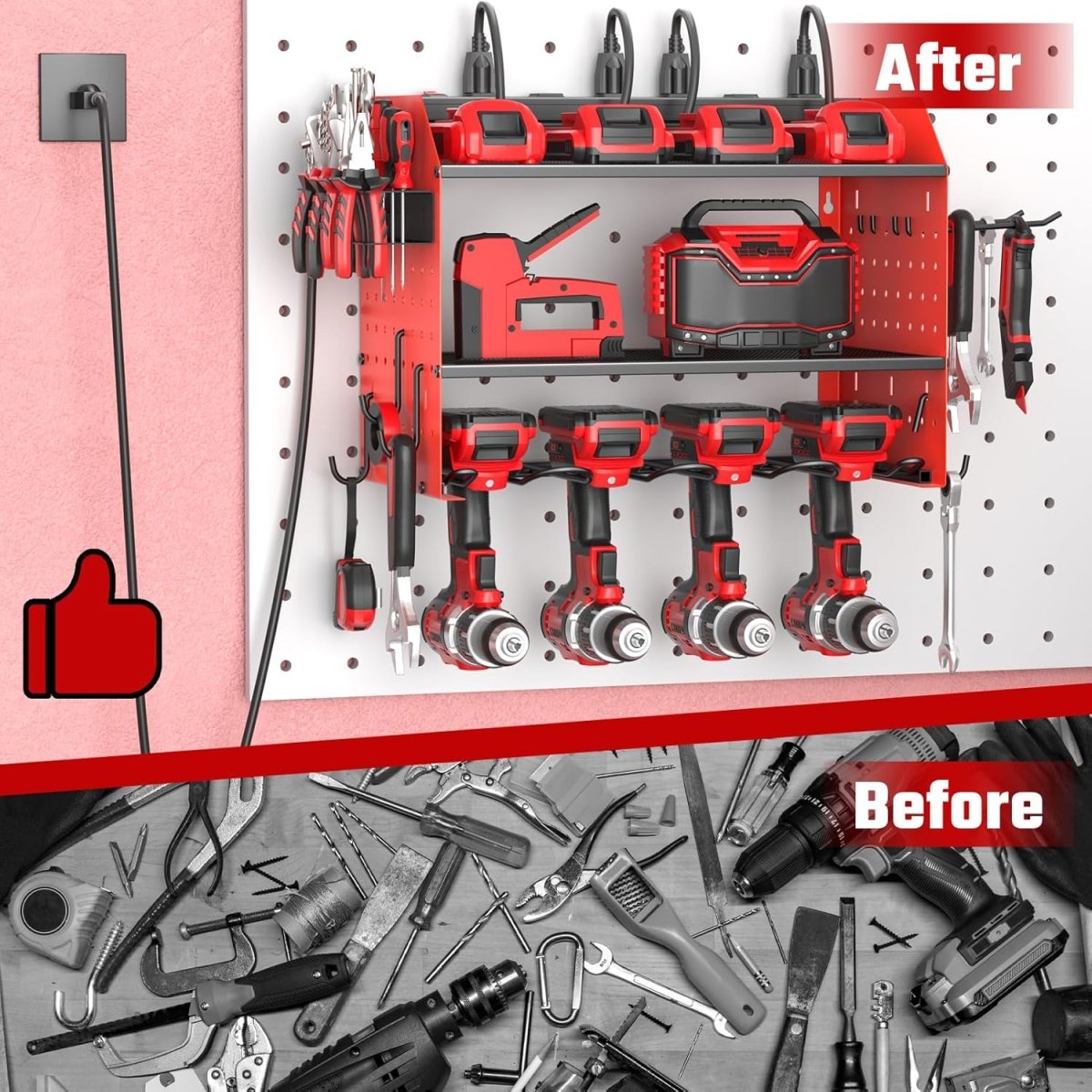 Power Tool Organizer Wall Mount Red Charging Station 3 Tier - Kwikley