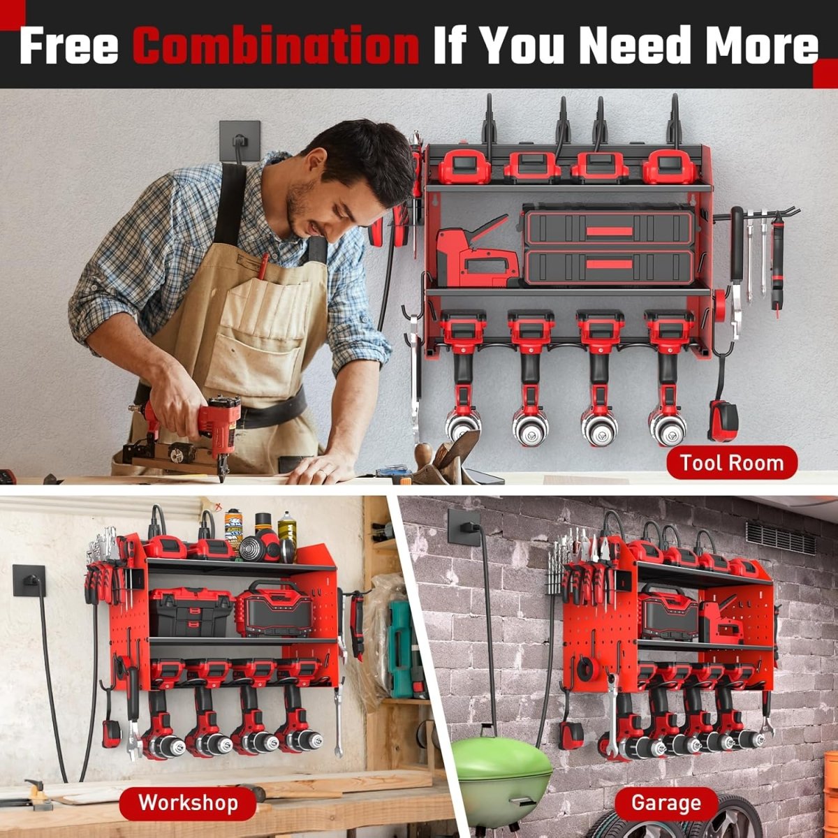 Power Tool Organizer Wall Mount Red Charging Station 3 Tier - Kwikley