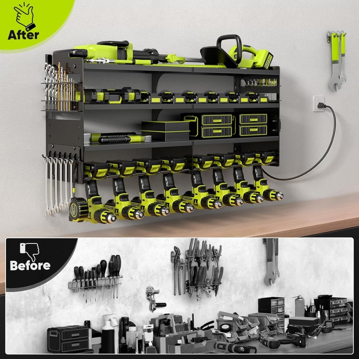 Power Tool Organizer Wall Mount with Charging Station 4 Tier Rack - Kwikley