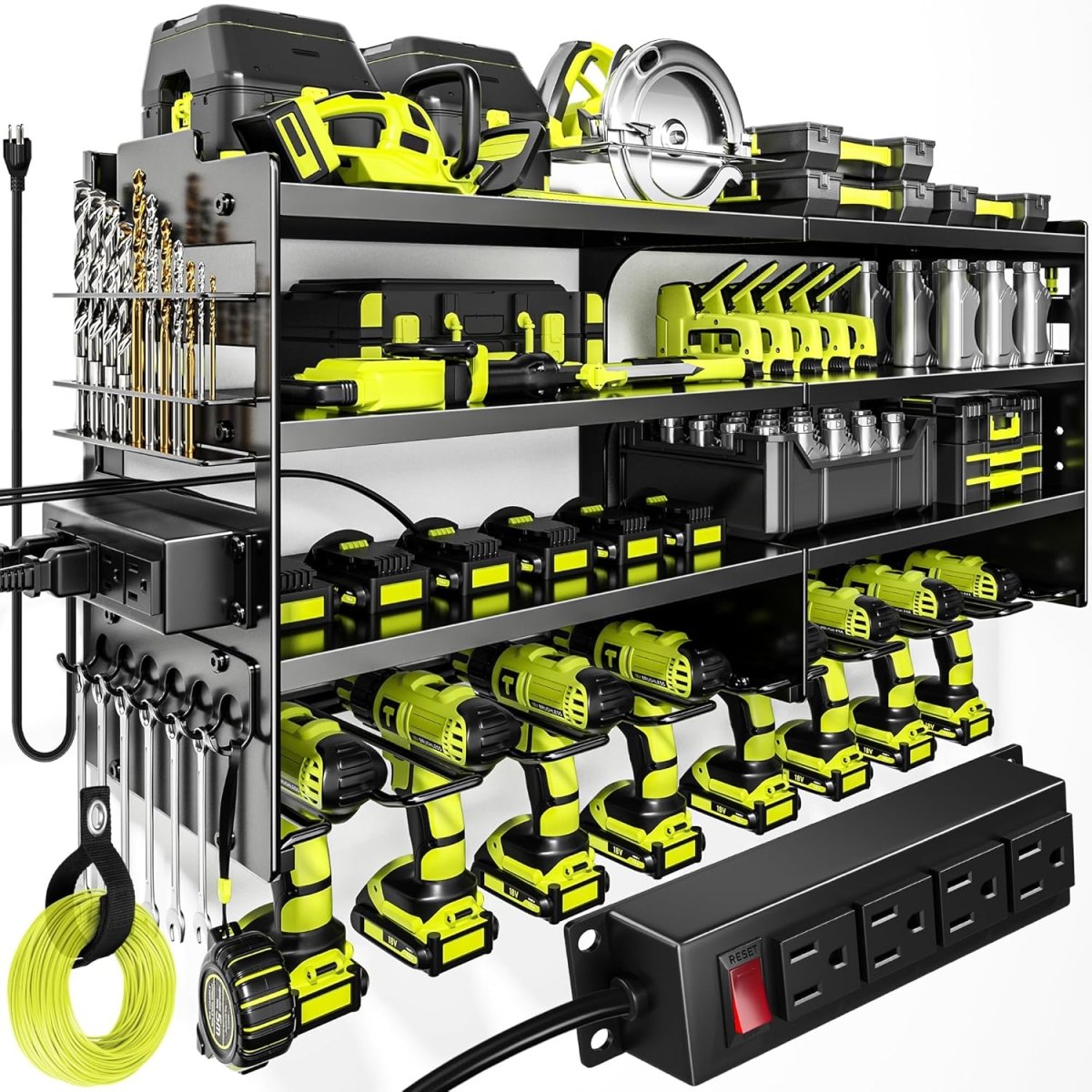 Power Tool Organizer Wall Mount with Charging Station 4 Tier Rack - Kwikley