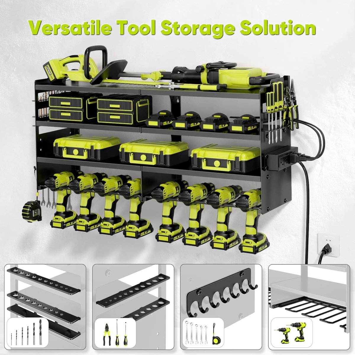 Power Tool Organizer Wall Mount with Charging Station 4 Tier Rack - Kwikley