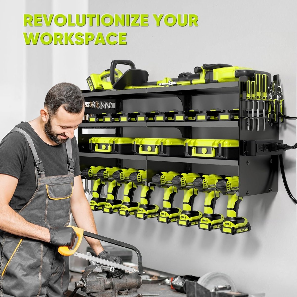 Power Tool Organizer Wall Mount with Charging Station 4 Tier Rack - Kwikley