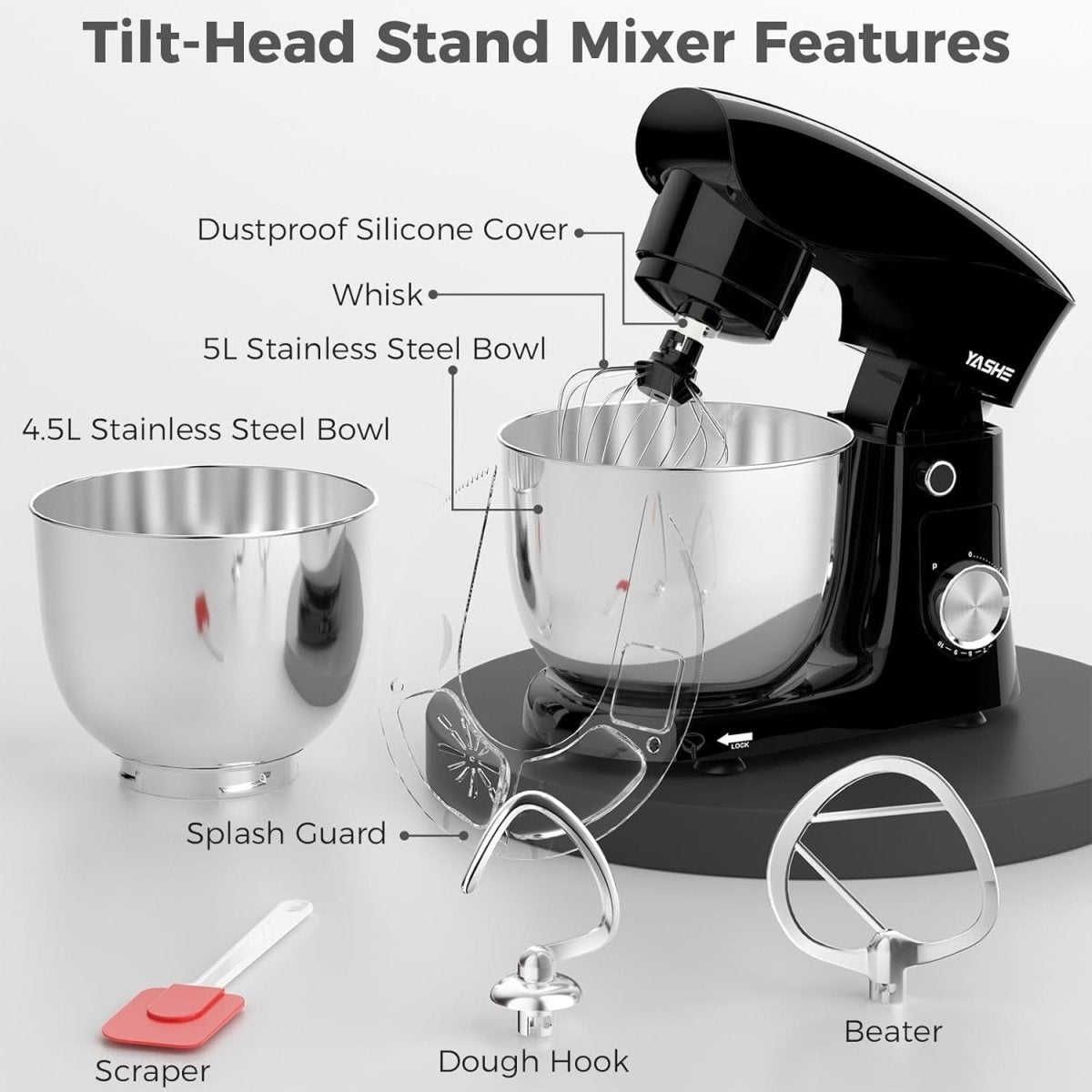 Powerful 1500W Stand Mixer 4.5+5L Bowls 10 Speeds Tilt - Head Dough Beater - Kwikley