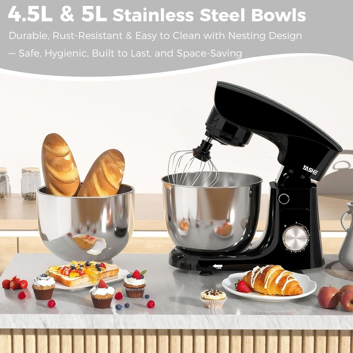 Powerful 1500W Stand Mixer 4.5+5L Bowls 10 Speeds Tilt - Head Dough Beater - Kwikley