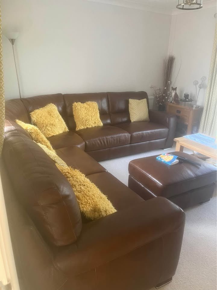 Prestige Brown Leather Corner Sofa + Footstool (PTP) - Kwikley