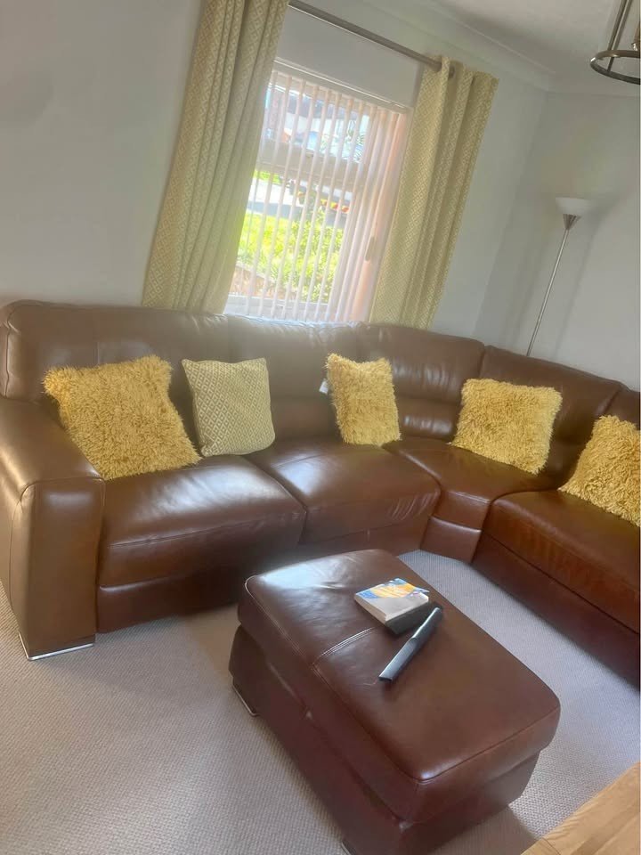 Prestige Brown Leather Corner Sofa + Footstool (PTP) - Kwikley