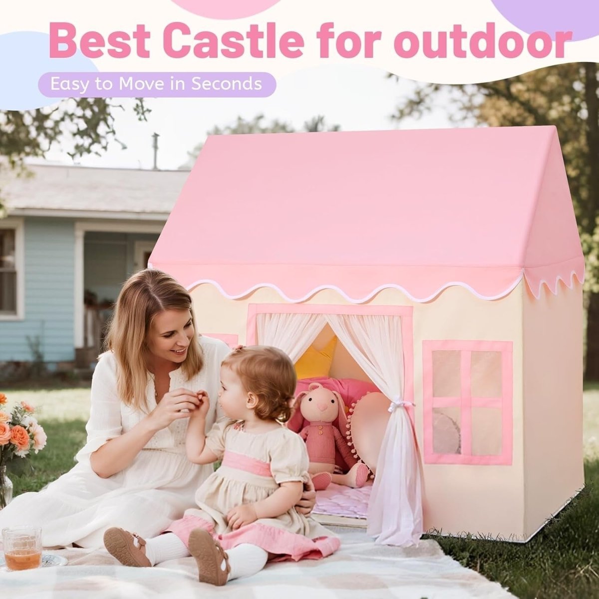 Princess Kids Play Tent Large Indoor Outdoor Castle Playhouse With Mat - Kwikley