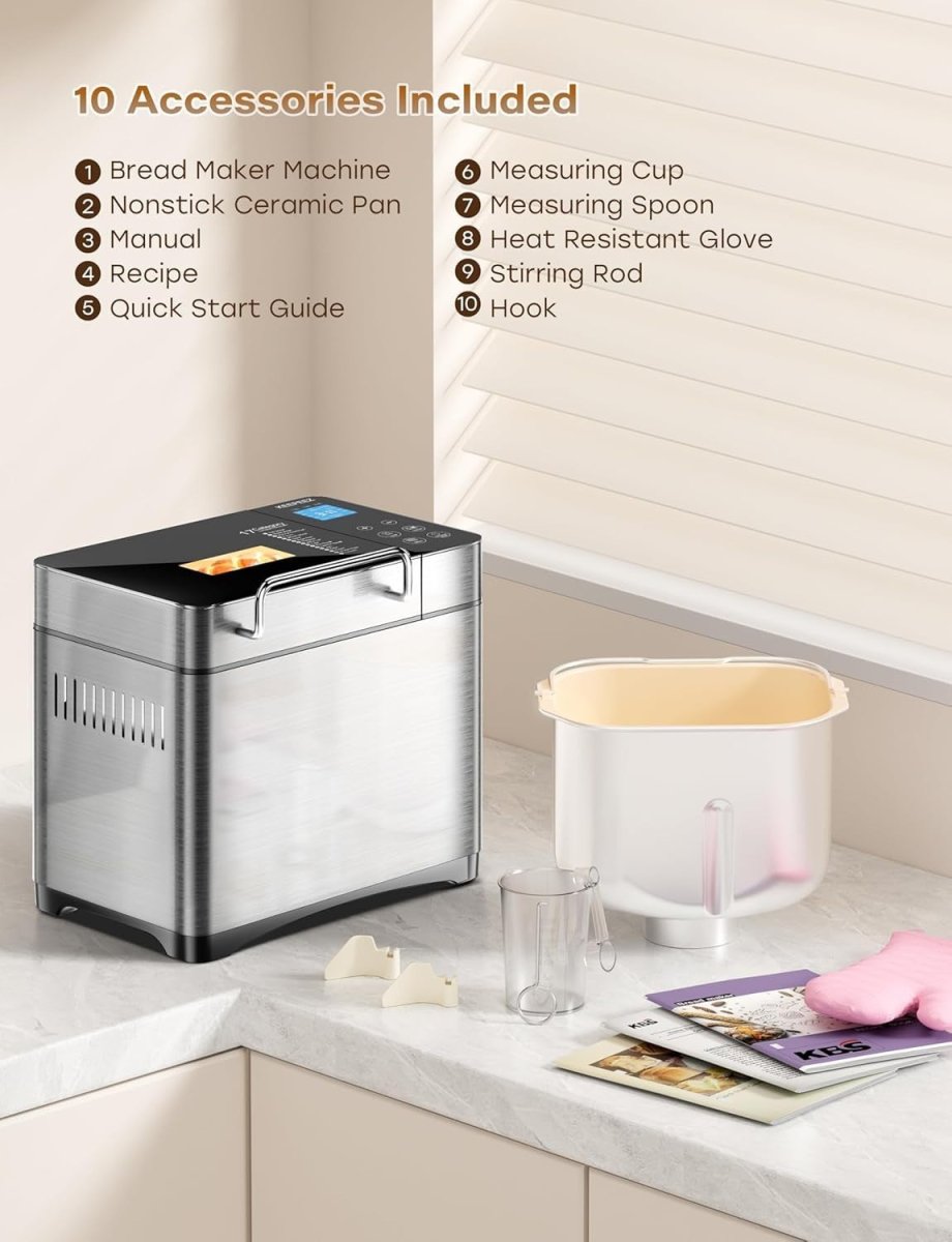Pro 2LB Bread Maker 17 - in - 1 Ceramic Pan Auto Nut Dispenser Touch Panel - Kwikley