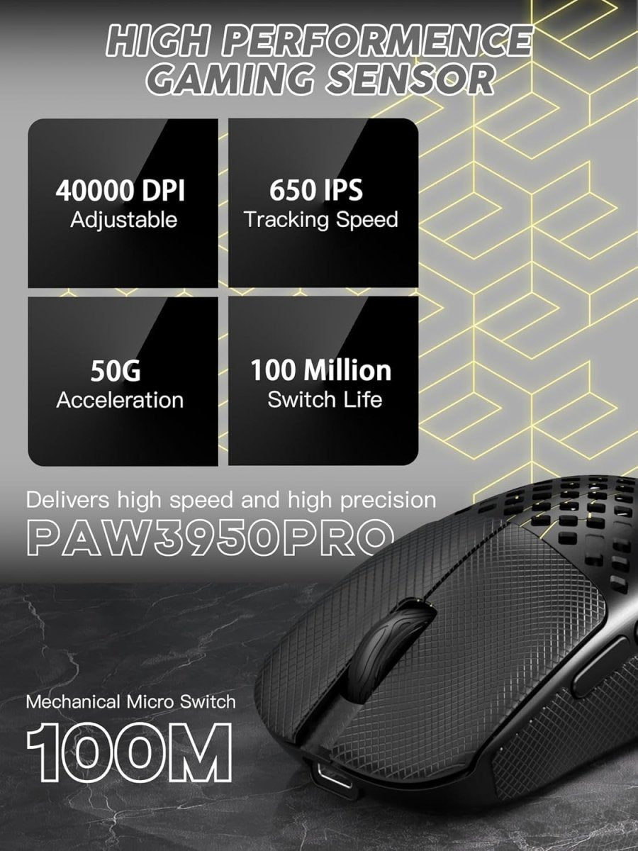 Pro 40K DPI Wireless Gaming Mouse 41g Carbon Tri - Mode RGB - Kwikley