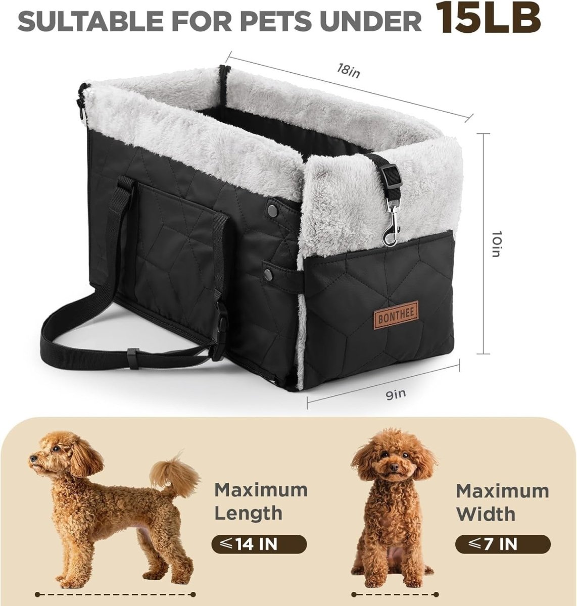PU Leather Center Console Dog Car Seat Booster Safety Leash 20lbs - Kwikley