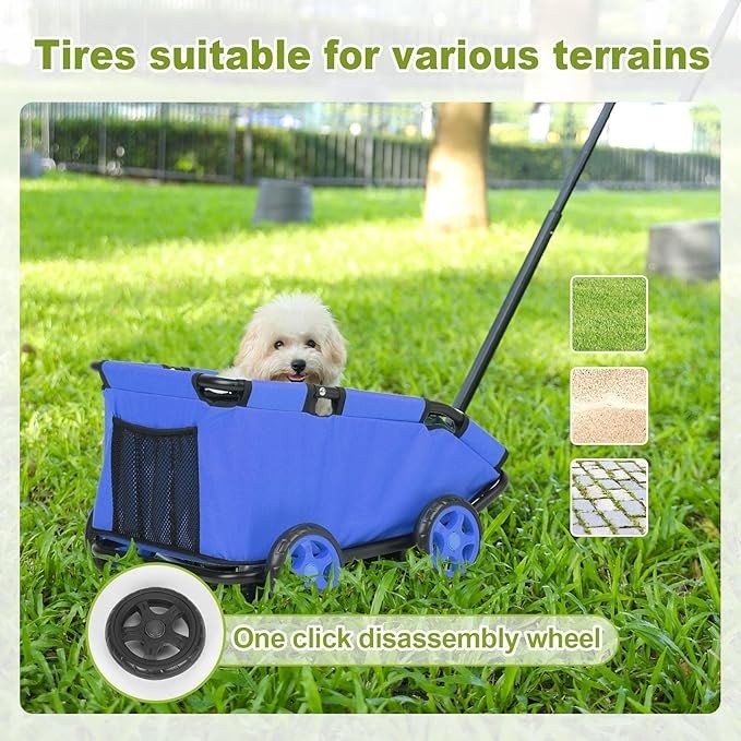 Pull Wagon Pet Travel Cart Mini Dog Carrier Foldable Wheels Blue - Kwikley