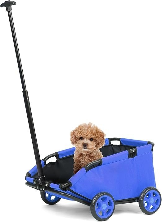 Pull Wagon Pet Travel Cart Mini Dog Carrier Foldable Wheels Blue - Kwikley
