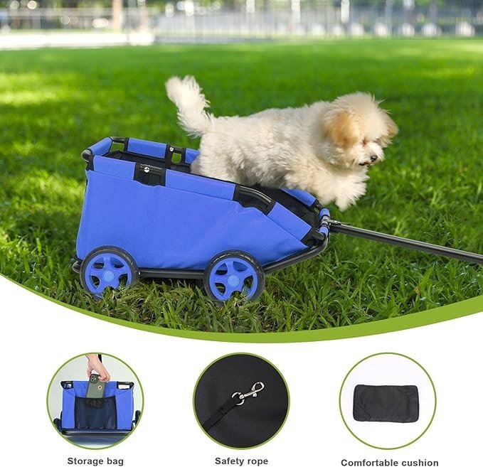 Pull Wagon Pet Travel Cart Mini Dog Carrier Foldable Wheels Blue - Kwikley