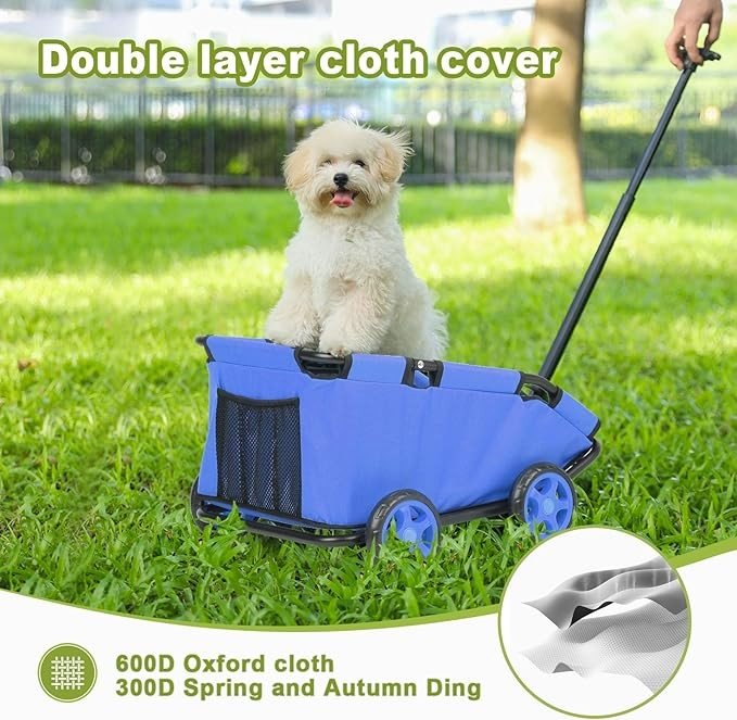 Pull Wagon Pet Travel Cart Mini Dog Carrier Foldable Wheels Blue - Kwikley