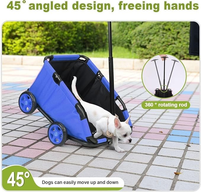 Pull Wagon Pet Travel Cart Mini Dog Carrier Foldable Wheels Blue - Kwikley