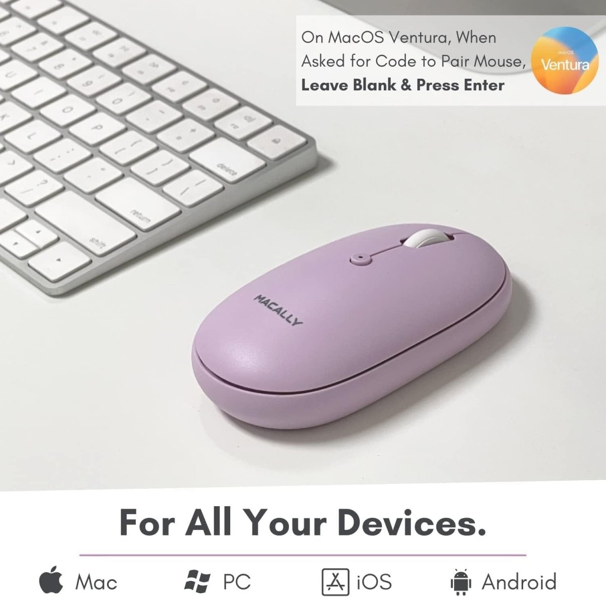 Purple Bluetooth Wireless Mouse Rechargeable Silent Laptop PC - Kwikley