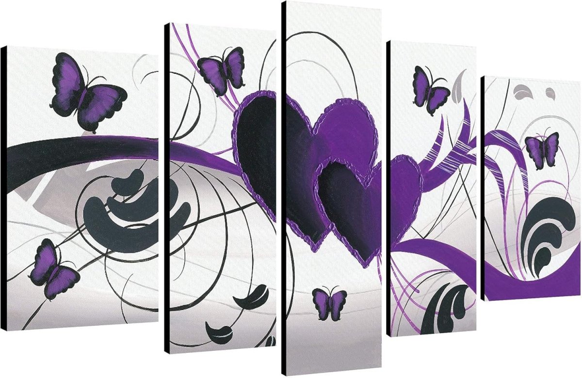 Purple Butterfly Wall Art 5 Panel Hand Painted Canvas 100x60cm - Kwikley