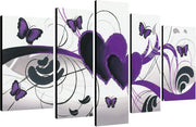 Purple Butterfly Wall Art 5 Panel Hand Painted Canvas 100x60cm - Kwikley