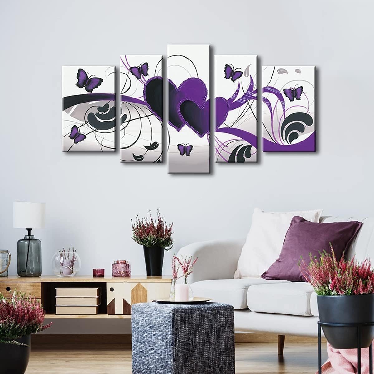 Purple Butterfly Wall Art 5 Panel Hand Painted Canvas 100x60cm - Kwikley