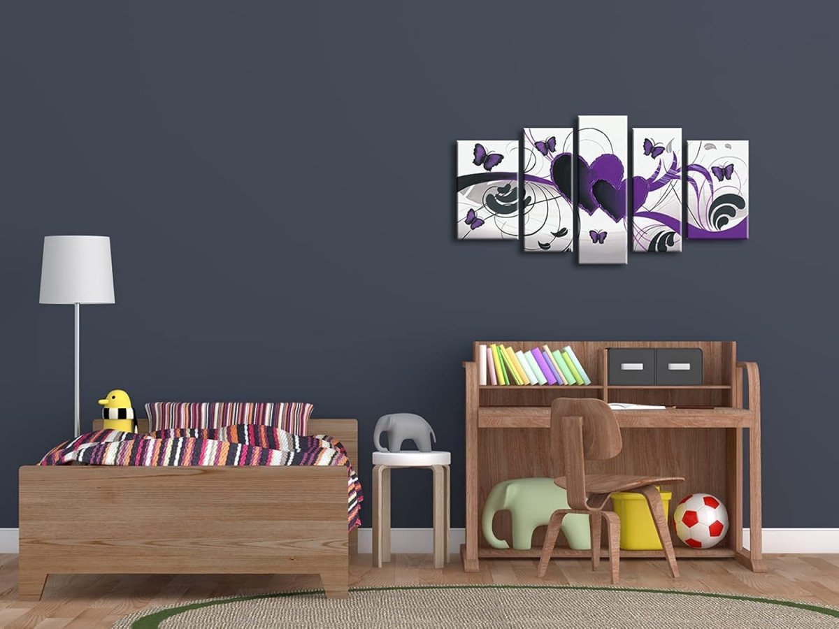 Purple Butterfly Wall Art 5 Panel Hand Painted Canvas 100x60cm - Kwikley