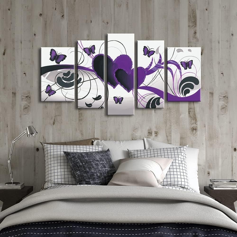 Purple Butterfly Wall Art 5 Panel Hand Painted Canvas 100x60cm - Kwikley