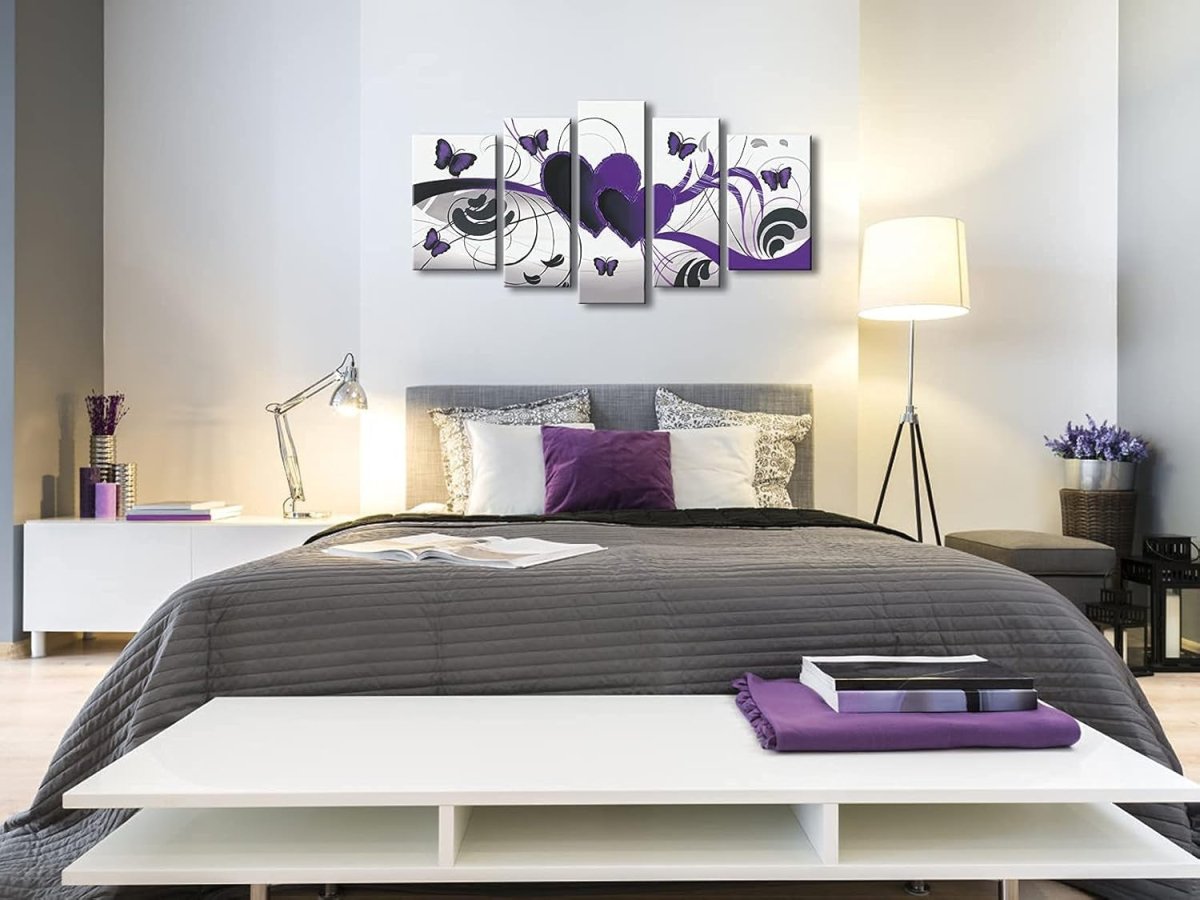 Purple Butterfly Wall Art 5 Panel Hand Painted Canvas 100x60cm - Kwikley