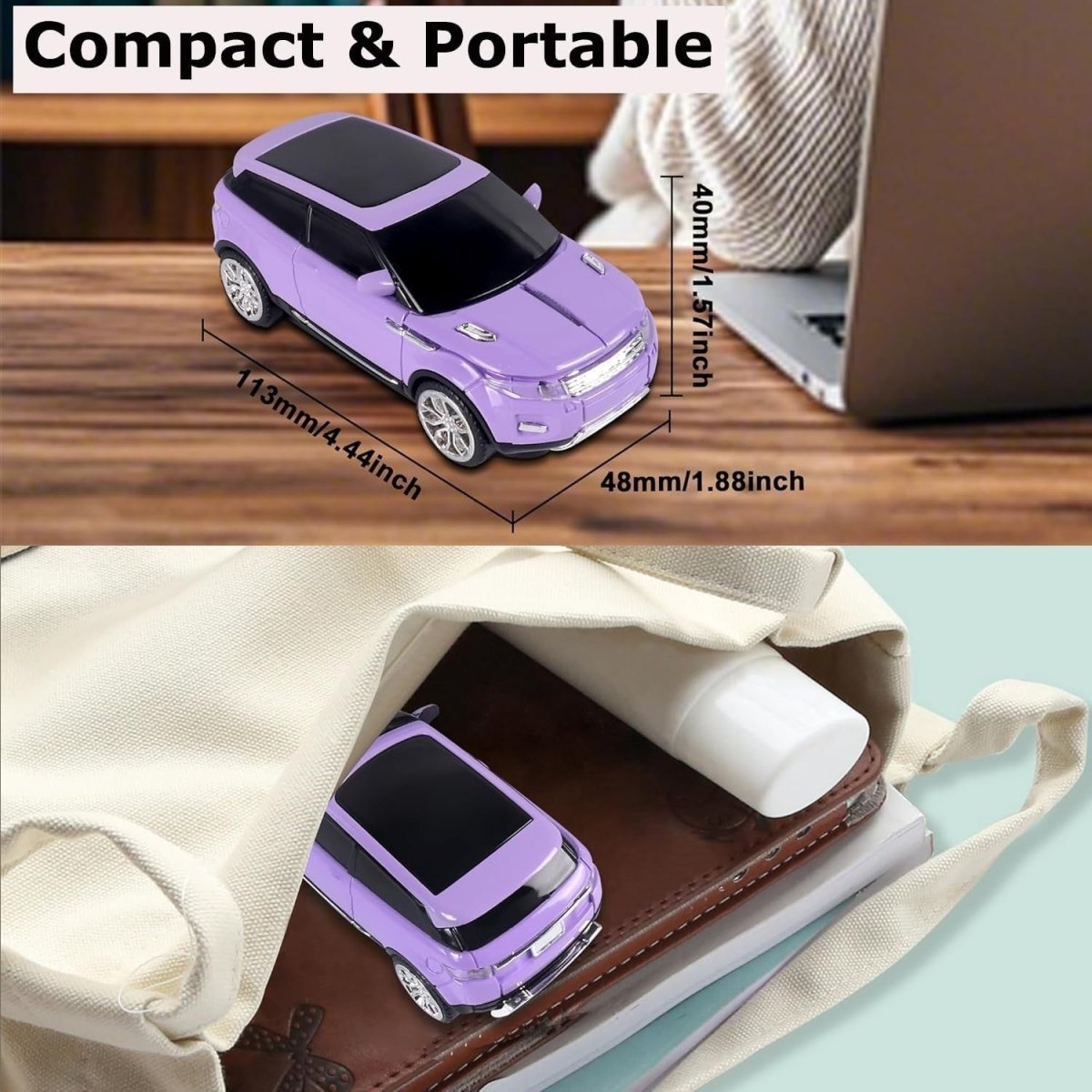 Purple Car Shape Wireless Mouse USB 1600DPI LED Silent Gaming - Kwikley