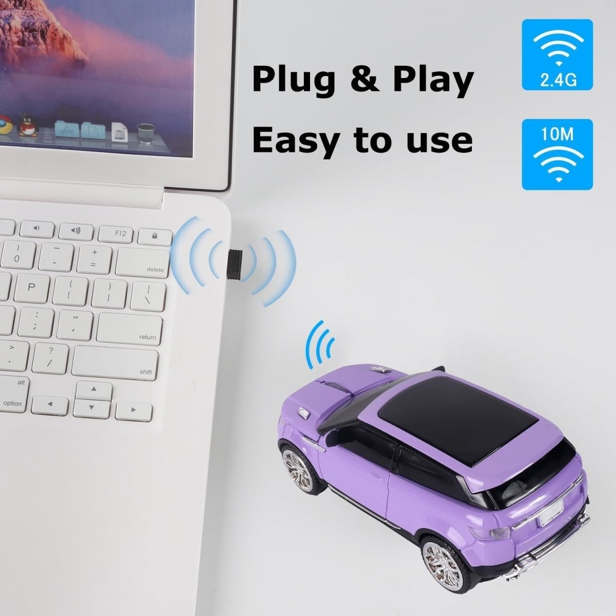 Purple Car Shape Wireless Mouse USB 1600DPI LED Silent Gaming - Kwikley