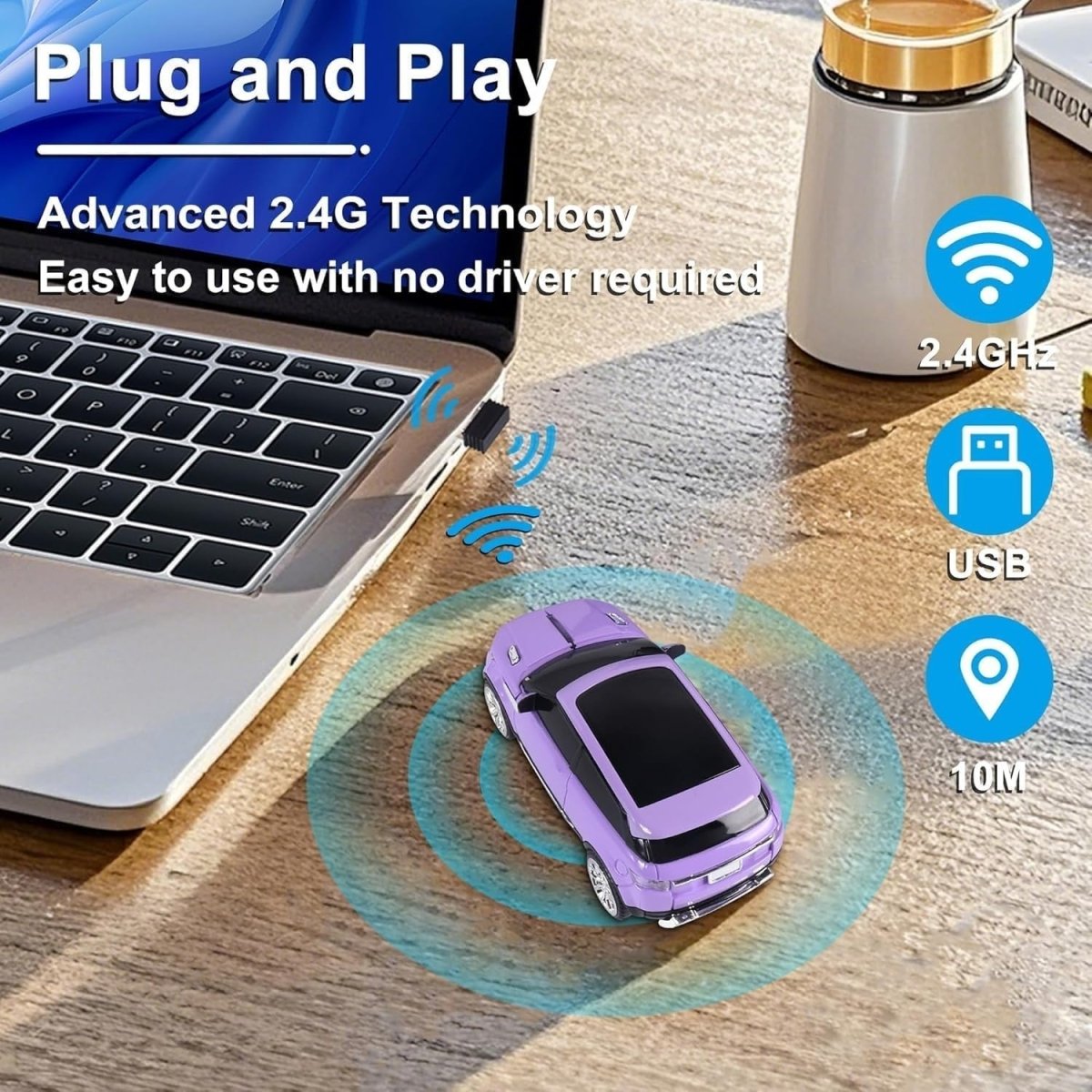 Purple Car Shape Wireless Mouse USB 1600DPI LED Silent Gaming - Kwikley