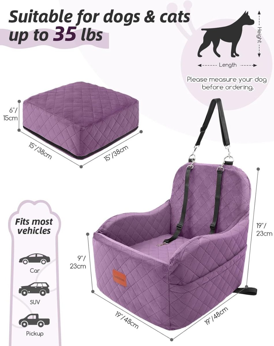Purple Dog Booster Car Seat Elevated Travel Bed Washable 30lb Pet - Kwikley