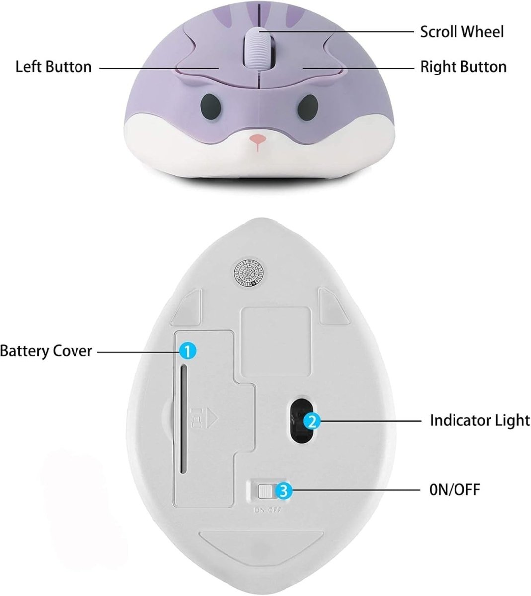 Purple Hamster Wireless Mouse Silent 1200DPI Cute USB Laptop PC - Kwikley
