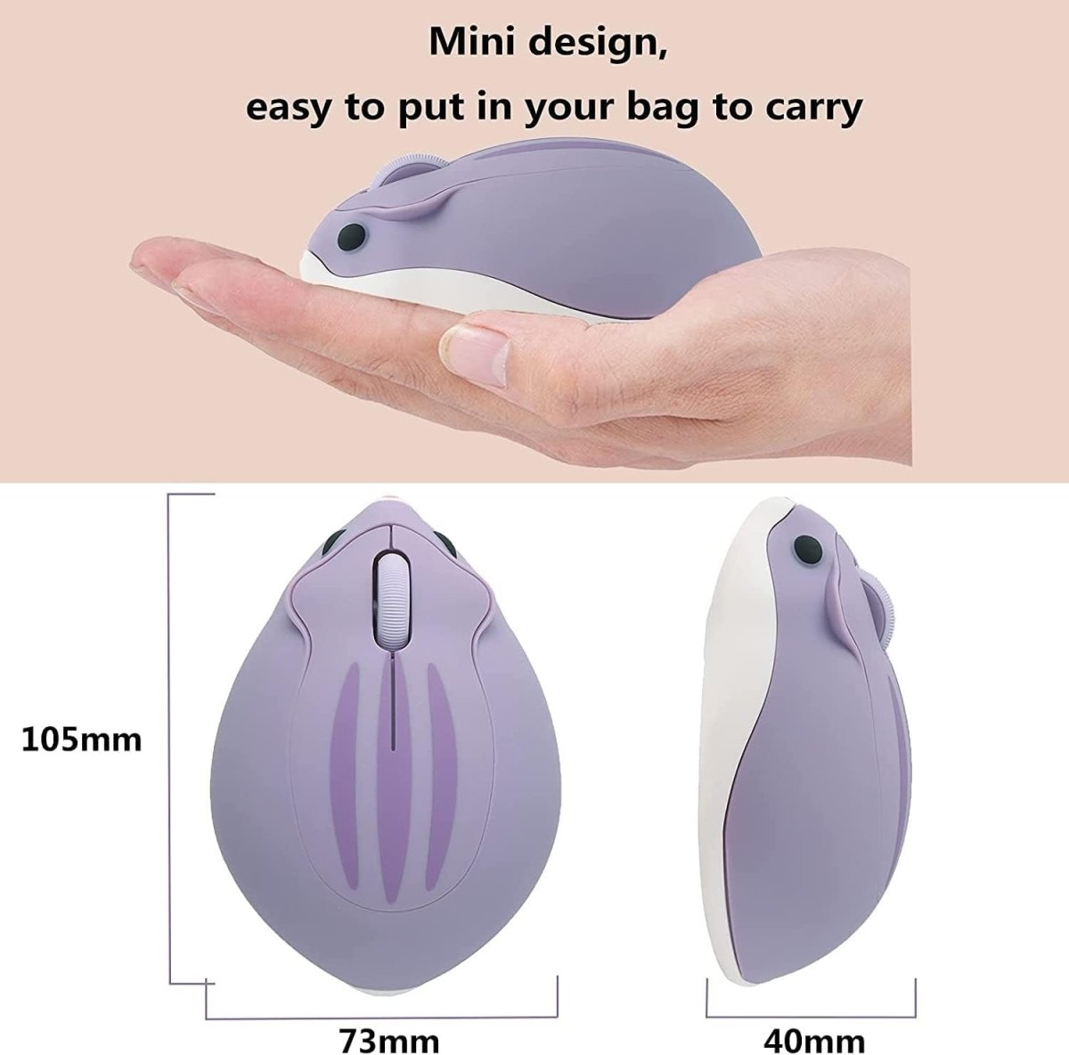 Purple Hamster Wireless Mouse Silent 1200DPI Cute USB Laptop PC - Kwikley